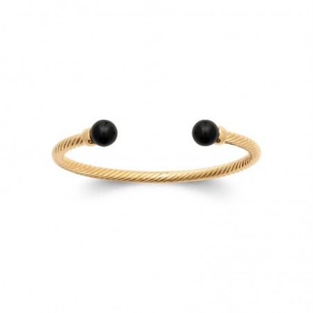 Bracelet jonc 2 Agates pierres naturelles forme boule ronde Plaqué OR 750 3 microns