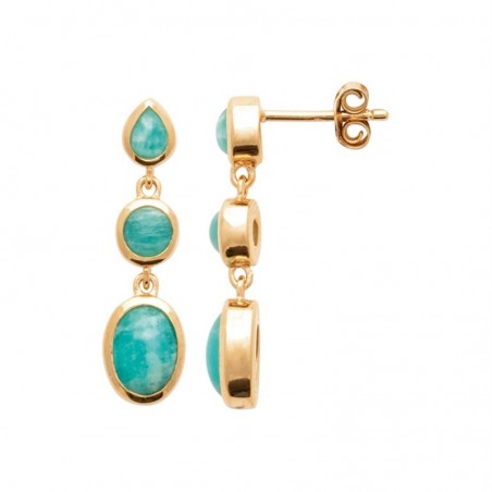 Boucles d'oreilles 3 pierres naturelles Amazonite Plaqué or 750 3 microns