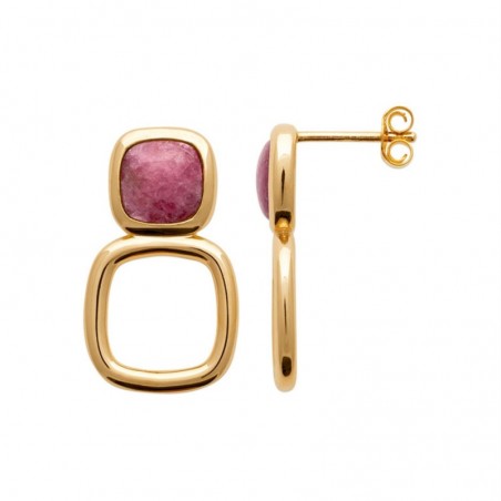 Boucles d'oreilles pierre naturelle Rhodonite forme carré Plaqué or 750 3 microns