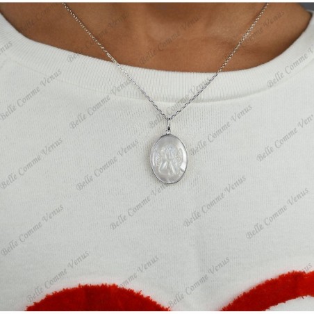 Collier médaille ange baptême ovale de nacre Argent 925 Rhodié
