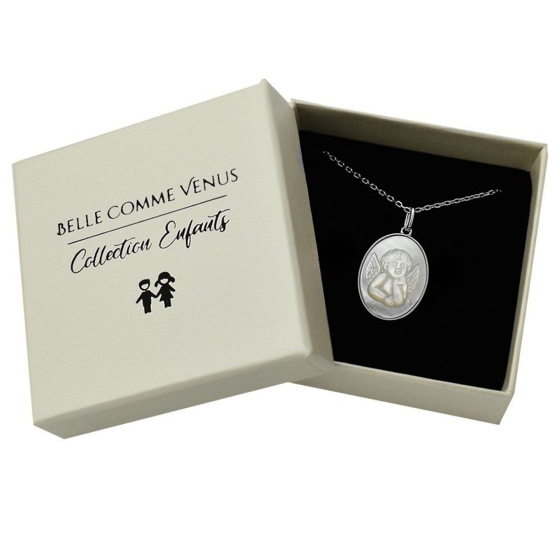 Collier médaille ange baptême ovale de nacre Argent 925 Rhodié