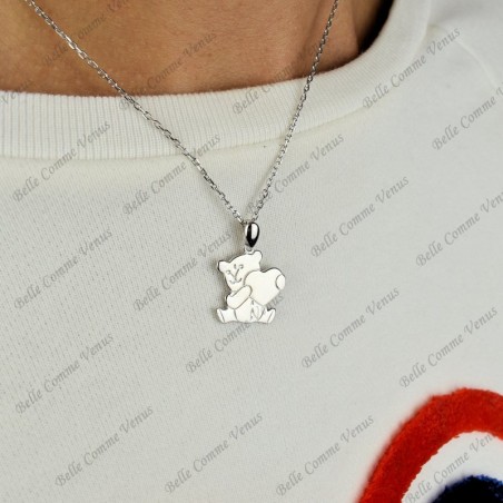 Collier nounours porte coeur d'amour Argent 925 Rhodié
