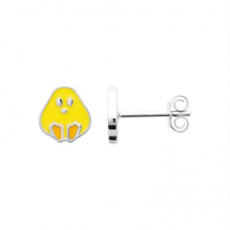 Boucles d'oreilles poussin émail coloré jaune et orange Argent 925 Rhodié
