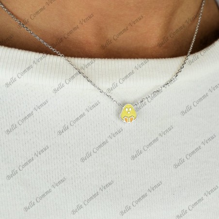 Collier poussin émail coloré jaune et orange Argent 925 Rhodié
