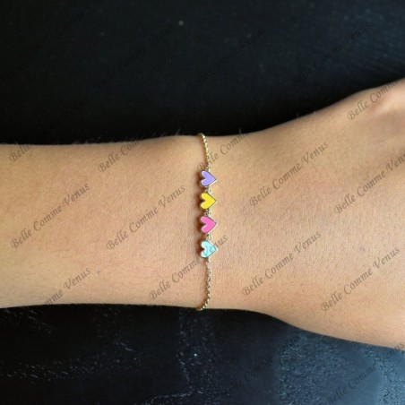 Bracelet suite de 4 coeurs émail coloré Plaqué or 750 3 microns