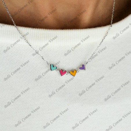 Collier suite de 4 coeurs émail coloré Argent 925 Rhodié
