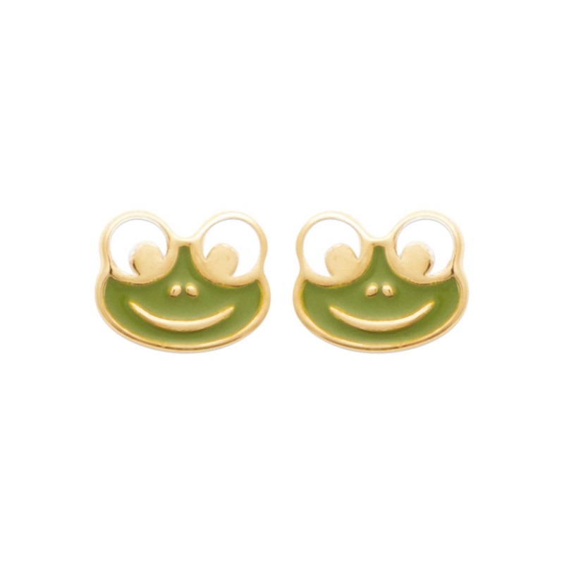 Boucles d'oreilles grenouille émail coloré vert Plaqué OR 750 3 microns