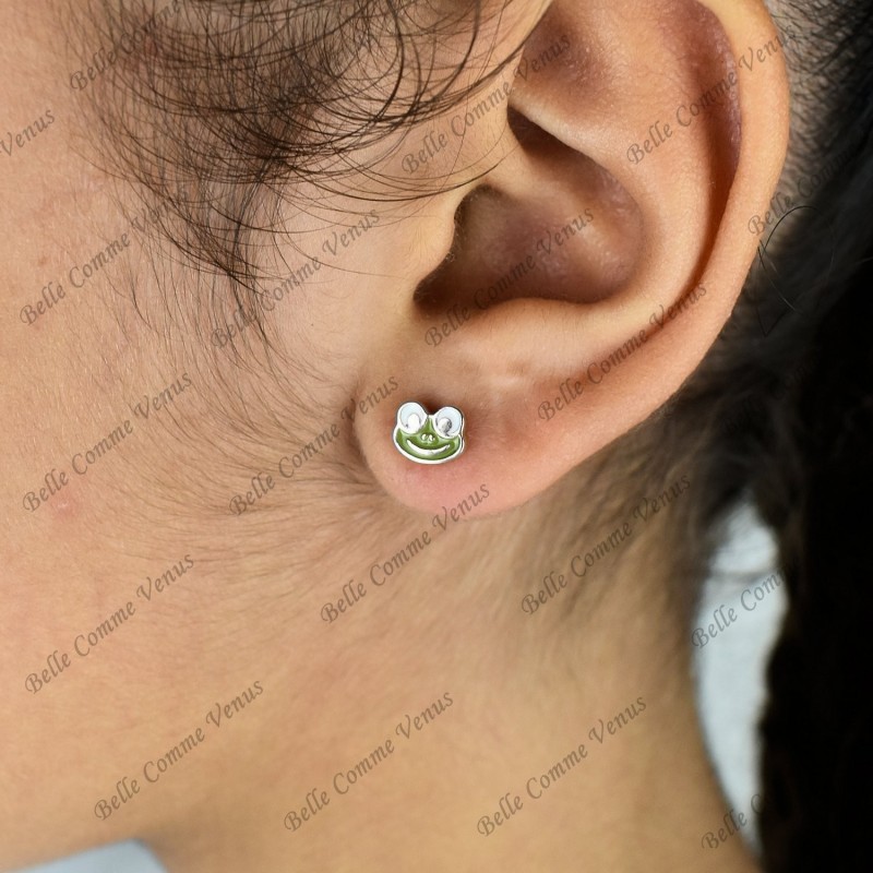 Boucles d'oreilles grenouille émail coloré vert Argent 925 Rhodié