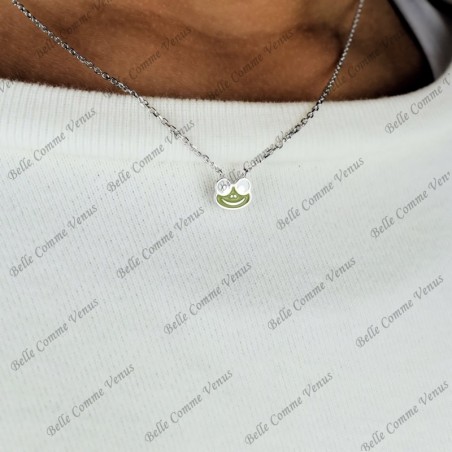 Collier grenouille émail coloré vert Argent 925 Rhodié