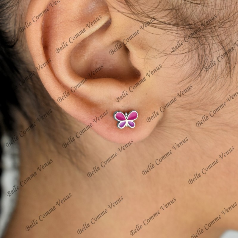 Boucles d'oreilles papillon émail coloré Argent 925 Rhodié
