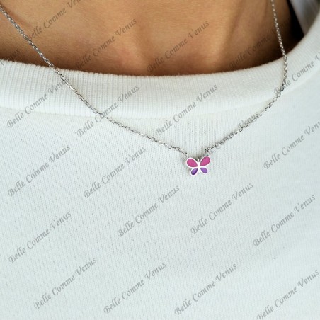Collier papillon émail coloré rose et violet Argent 925 Rhodié