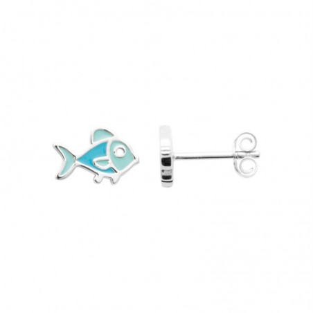 Boucles d'oreilles poisson émail coloré bleu Argent 925 Rhodié