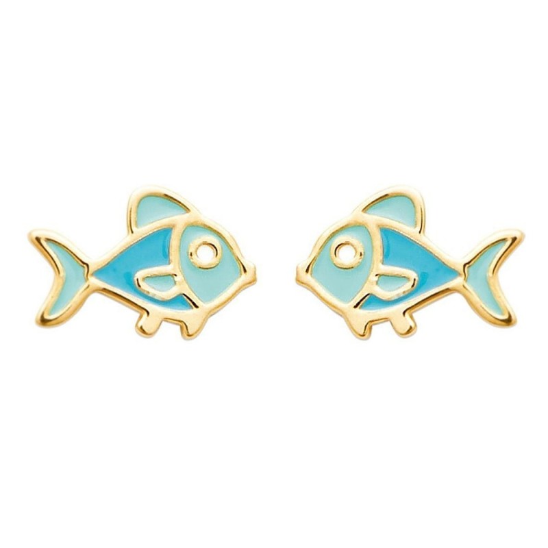 Boucles d'oreilles poisson émail coloré bleu Plaqué OR 750 3 microns