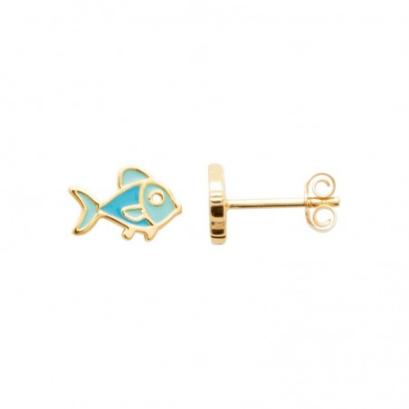 Boucles d'oreilles poisson émail coloré bleu Plaqué OR 750 3 microns