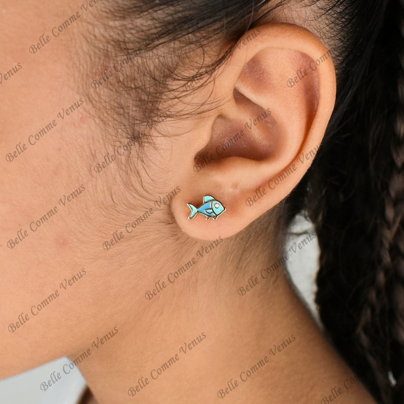 Boucles d'oreilles poisson émail coloré bleu Plaqué OR 750 3 microns