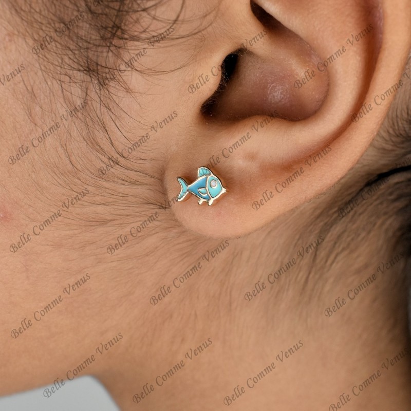 Boucles d'oreilles poisson émail coloré bleu Plaqué OR 750 3 microns