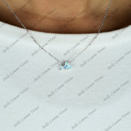 Collier poisson émail coloré bleu Argent 925 Rhodié
