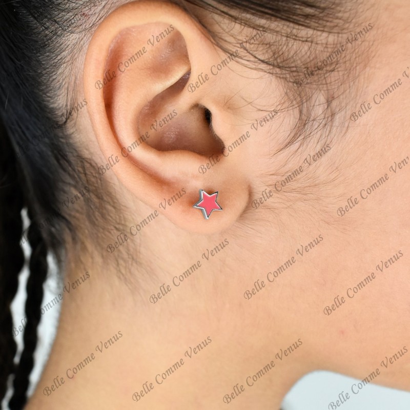 Boucles d'oreilles étoile émail coloré rose Argent 925 Rhodié