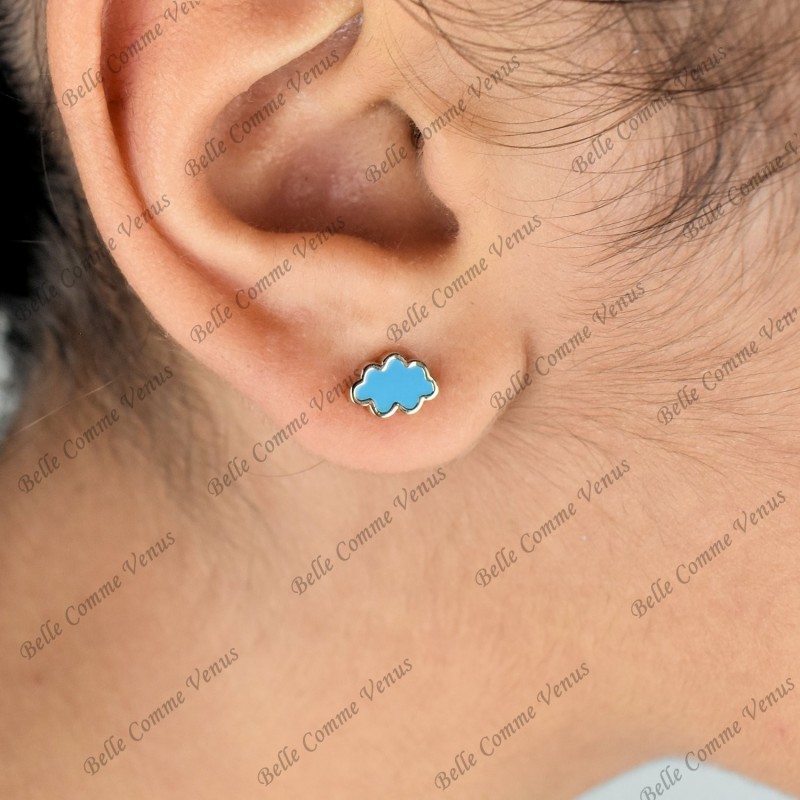 Boucles d'oreilles nuage émail coloré bleu Plaqué OR 750 3 microns