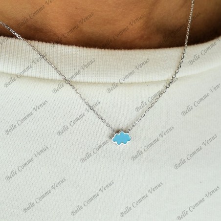 Collier nuage émail coloré bleu Argent 925 Rhodié