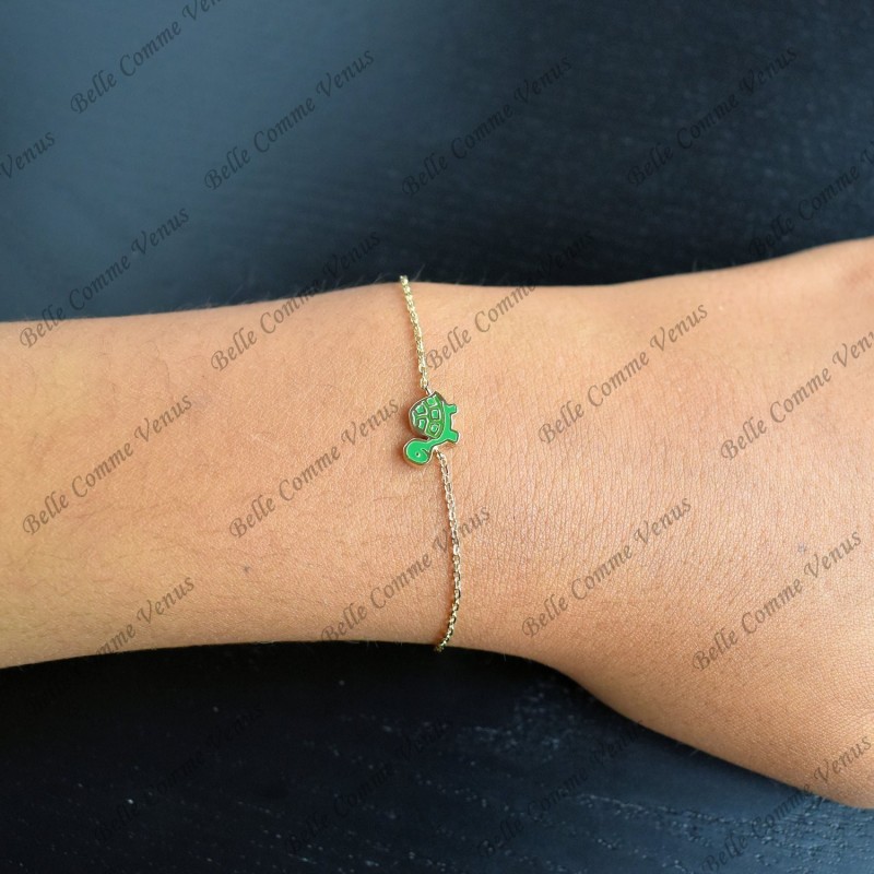 Bracelet tortue émail coloré vert Plaqué or 750 3 microns