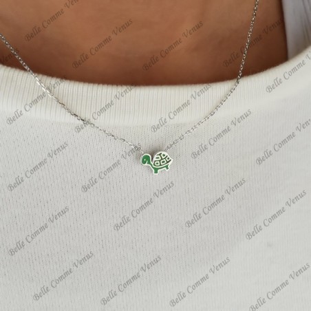 Collier tortue émail coloré vert Argent 925 Rhodié