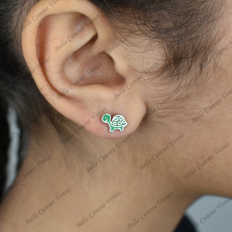 Boucles d'oreilles tortue émail coloré vert Argent 925 Rhodié