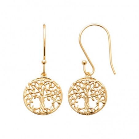Boucles d'oreilles arbre de vie à feuilles médaille ronde Plaqué OR 750 3 microns