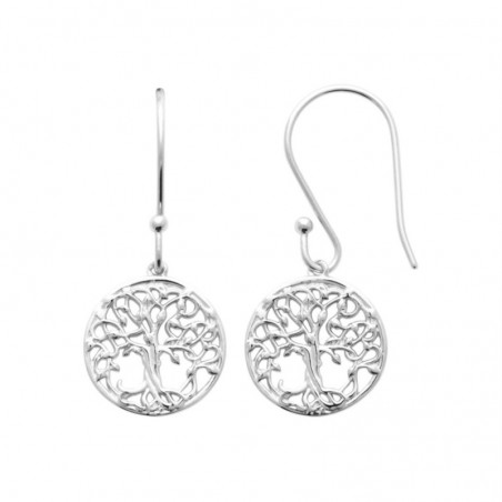 Boucles d'oreilles arbre de vie à feuilles médaille ronde Argent 925 Rhodié