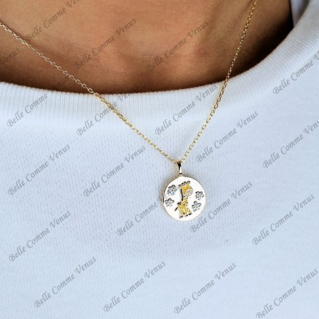Collier girafe et petites fleurs émail coloré Plaqué OR 750 3 microns