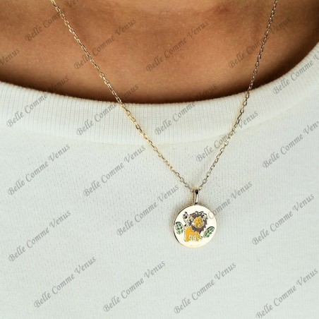 Collier lion et petites feuilles émail coloré Plaqué OR 750 3 microns