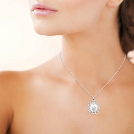 Collier médaille Vierge Miraculeuse contour ajouré motif arabesque Argent 925 Rhodié
