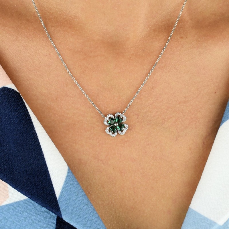 Collier trèfle de coeurs oxydes de zirconium verts Argent 925 Rhodié