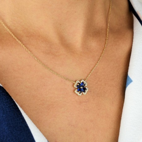 Collier trèfle de coeurs oxydes de zirconium bleu roi Plaqué OR 750 3 microns
