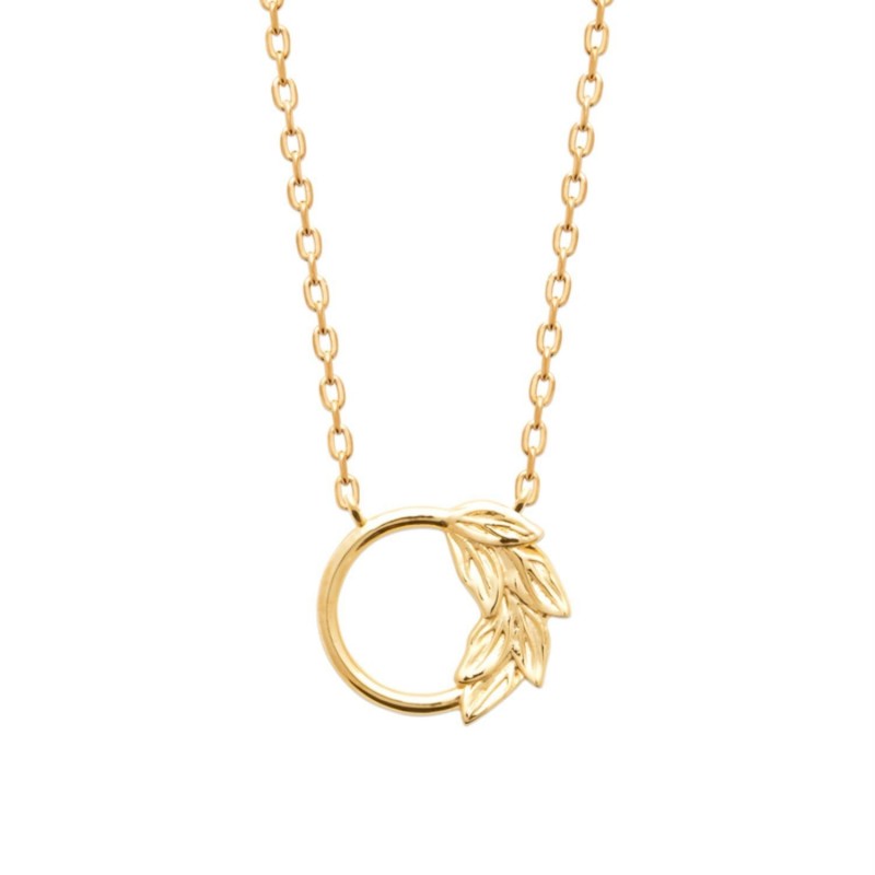 Collier cercle contour de l'anneau motif feuille Plaqué OR 750 3 microns