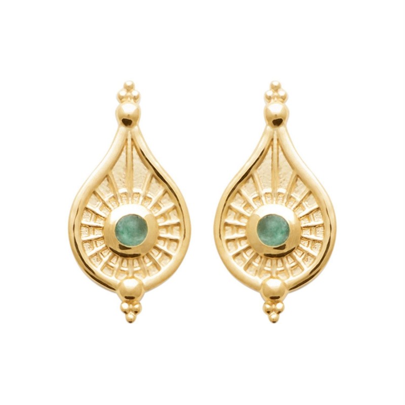 Boucles d'oreilles goutte d'eau style orientale pierre naturelle aventurine Plaqué OR 750 3 microns