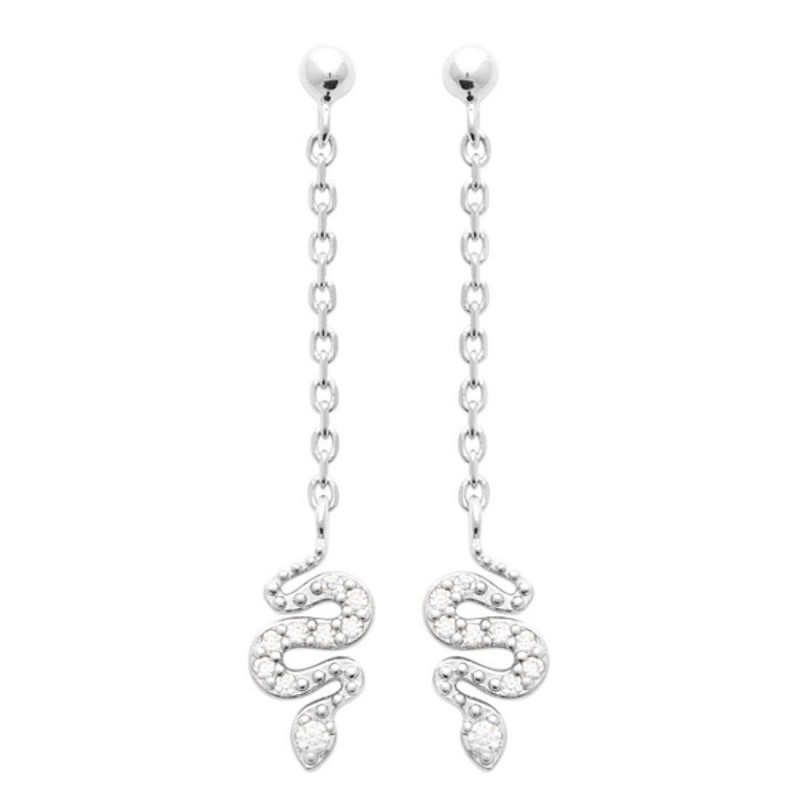 Boucles d'oreilles animal serpent serti d'oxydes de zirconiums avec chainette Argent 925 Rhodié