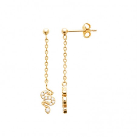 Boucles d'oreilles animal serpent serti d'oxydes de zirconiums avec chainette Plaqué OR 750 3 microns