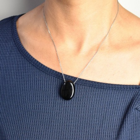 Collier pierre naturelle obsidienne noire Argent 925 Rhodié