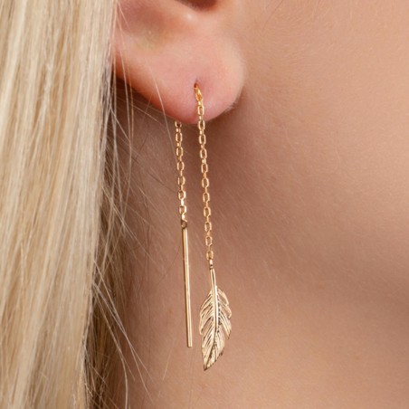 Boucles d'oreilles traversantes chaînes avec plume tombante Plaqué or 750 3 microns