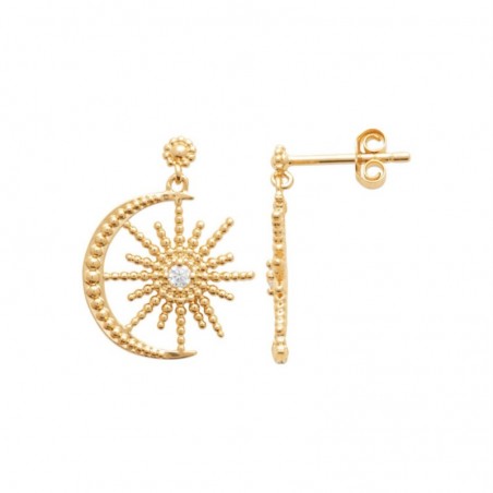 Boucles d'oreilles soleil et lune oxyde de zirconium Plaqué OR 750 3 microns
