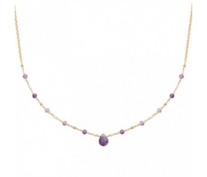 Collier goutte d'eau améthyste pierre naturelle suite de perles Plaqué OR 750 3 microns