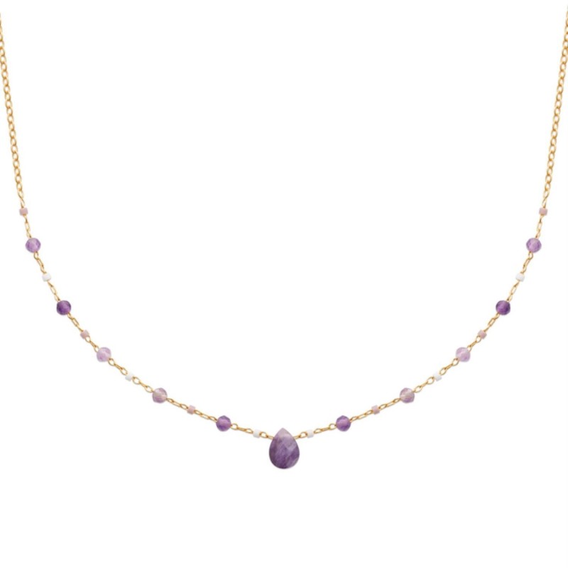 Collier goutte d'eau améthyste pierre naturelle suite de perles Plaqué OR 750 3 microns