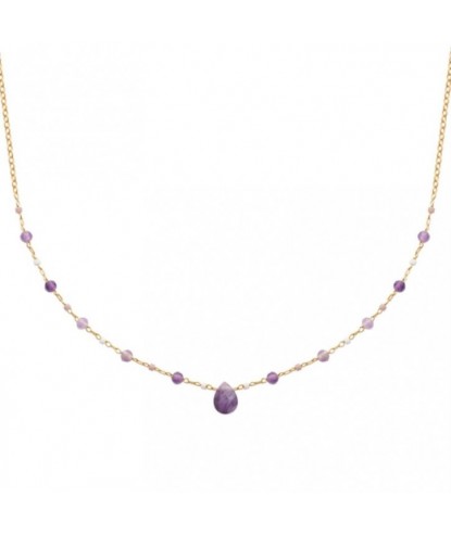 Collier goutte d'eau améthyste pierre naturelle suite de perles Plaqué OR 750 3 microns