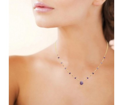 Collier goutte d'eau améthyste pierre naturelle suite de perles Plaqué OR 750 3 microns