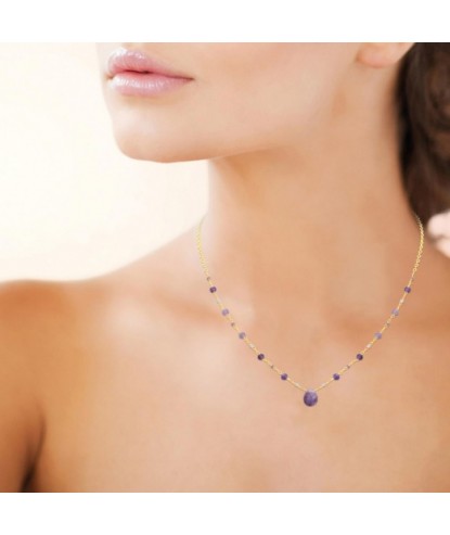 Collier goutte d'eau améthyste pierre naturelle suite de perles Plaqué OR 750 3 microns
