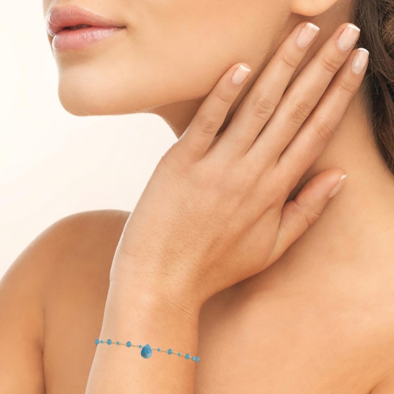 Bracelet goutte d'eau apatite pierre naturelle suite de perles Plaqué OR 750 3 microns