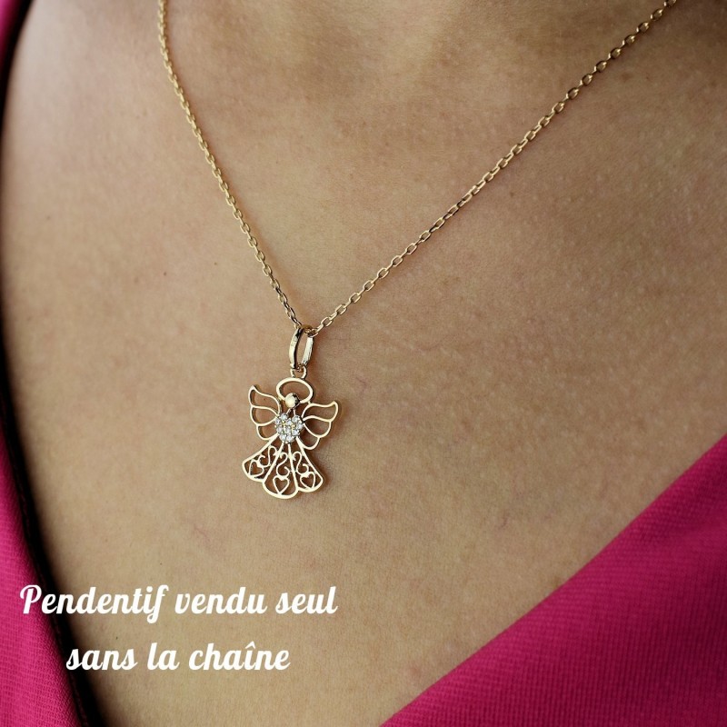 Pendentif ange protecteur coeur serti d'oxydes de zirconium Plaqué OR 750 3 microns