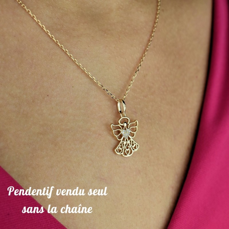 Pendentif ange protecteur coeur serti d'oxydes de zirconium Plaqué OR 750 3 microns