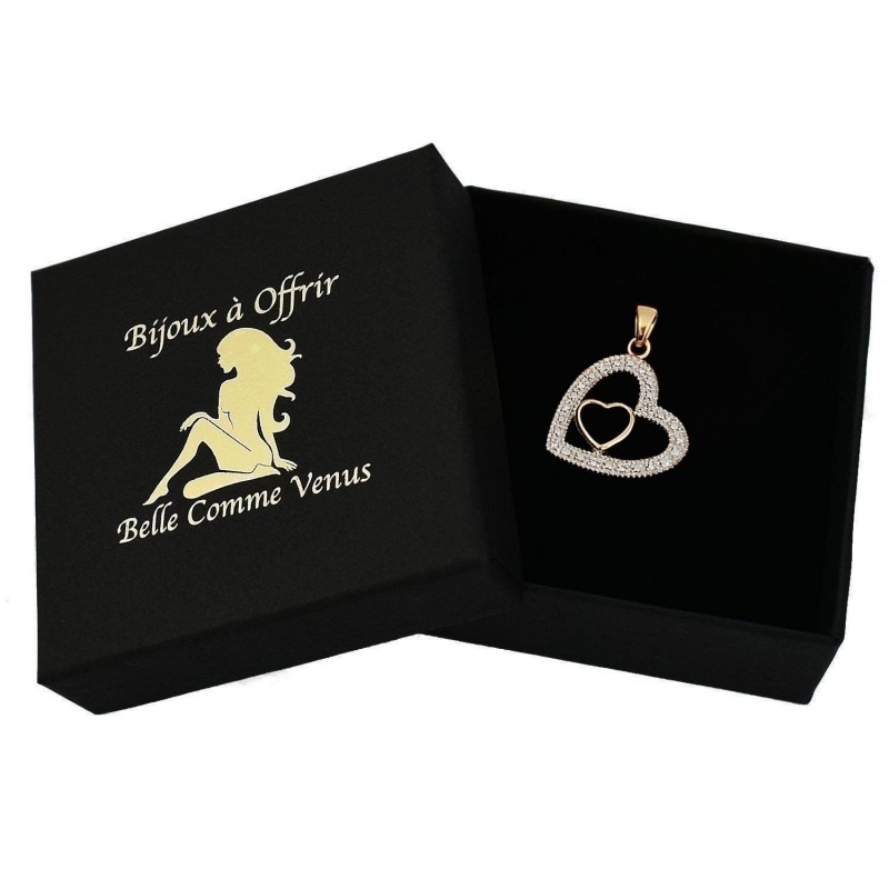 Pendentif 2 coeurs ajourés oxyde de zirconium Plaqué OR 750 3 microns 2 tons